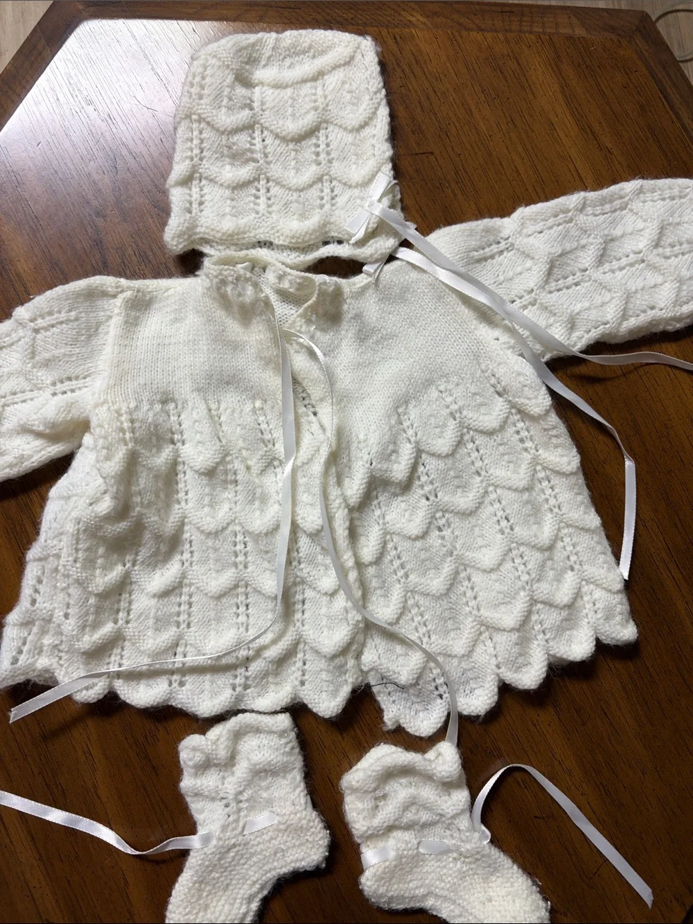 Vintage Handknit Ivory Baby Cardigan, Bonnet & Booties Set